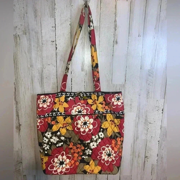 Vera Bradley Quilted Tote Bag Orange Red Floral Pattern - Picture 2 of 14